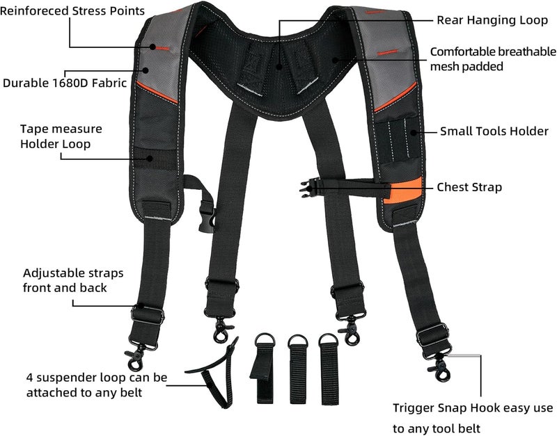 KUNN Tool Belt Suspenders Padded Carpenter Construction Electrician Work Suspender with Attachment Loops for Men,Grey - Image 2